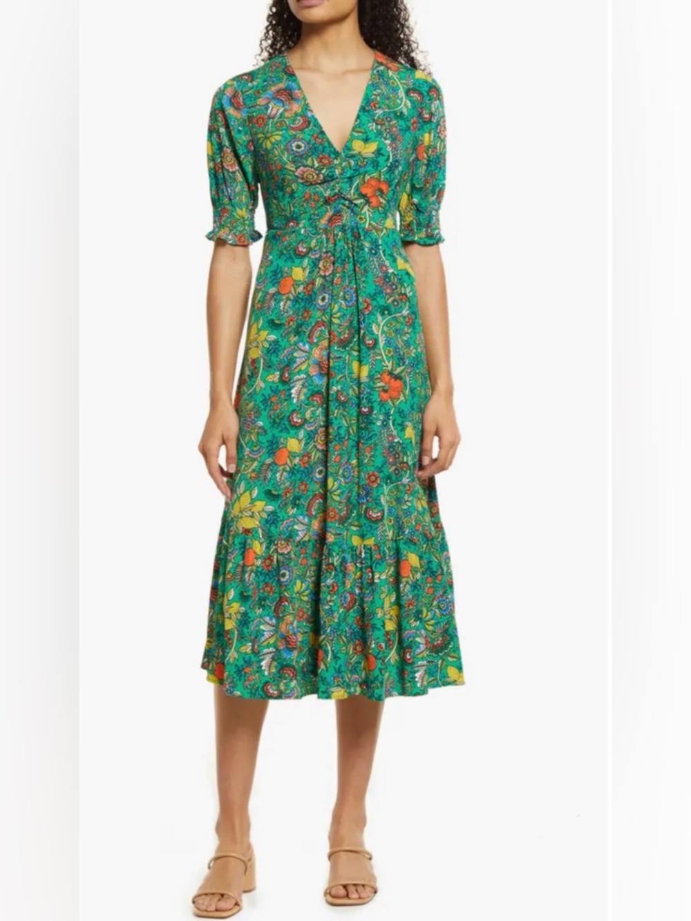 Boden Sienna Floral Print Midi Tea Dress Green Floral V-Neck Petite